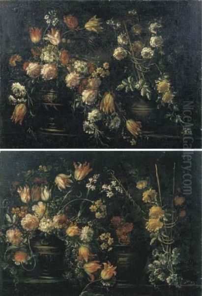 Tulipani, Rose, Garofani, 
Campanule E Altri Fiori In Due Vasi Su Un Piano Di Pietra; E Tulipani, 
Rose, Garofani, Campanule In Due Vasi Su Un Piano Di Pietra Ed Altri 
Fiori Su Un Traliccio Oil Painting by Elisabetta Marchioni Active Rovigo