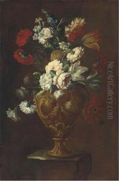 Parrot Tulips, Roses, Carnations And Other Flowers In A Sculptedvase On A Pedestal Oil Painting by Elisabetta Marchioni Active Rovigo