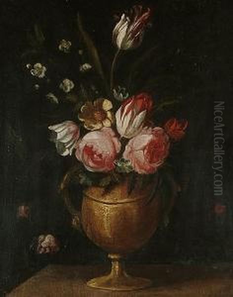 Roses, Tulips, A Yellow Rose And Other Flowers In A Bronze Urn Upon A Table Top Oil Painting by Elisabetta Marchioni Active Rovigo