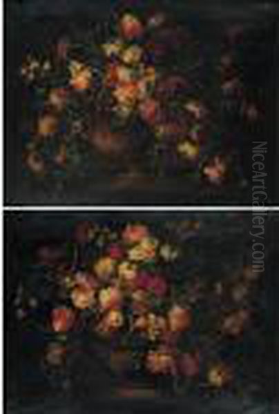 Still Lifes Of Tulips, Roses, Carnations And Other Flowers In Bronze Urns Oil Painting by Elisabetta Marchioni Active Rovigo