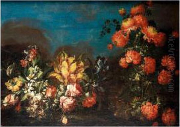 Still Life With Various Flowers In A Landscape Oil Painting by Elisabetta Marchioni Active Rovigo