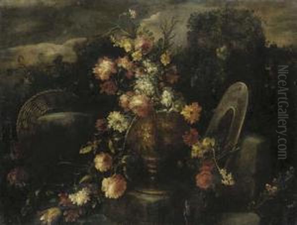 A Garland Of Roses, Carnations, Narcissi And Other Flowers In Abronze Urn On A Plinth Oil Painting by Elisabetta Marchioni Active Rovigo