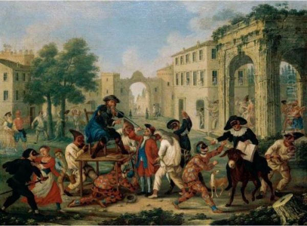 A Carnival Scene With Figures In Masquerade Dress Riding A Donkey In A Street Oil Painting by Marco Marcola