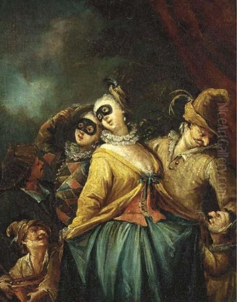 Arlecchino, Colombina And Other Commedia Dell'arte Characters Oil Painting by Marco Marcola