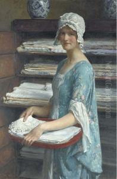 Her Dower: A Study Of A Girl Arranging Linen Oil Painting by William Henry Margetson