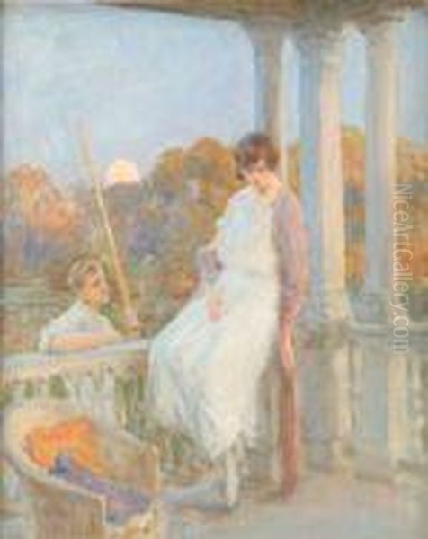 Youngcouple Upon A Porch Oil Painting by William Henry Margetson