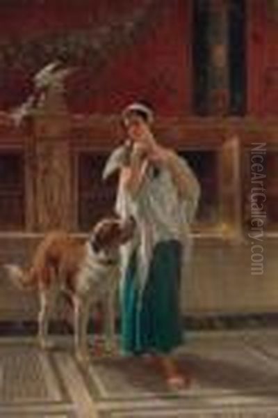 Fanciulla Romana Con Colomba E Cane Oil Painting by Cesare Mariani