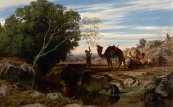 La Halte De La Caravane Dans L'oasis Oil Painting by Prosper Georges Ant. Marilhat