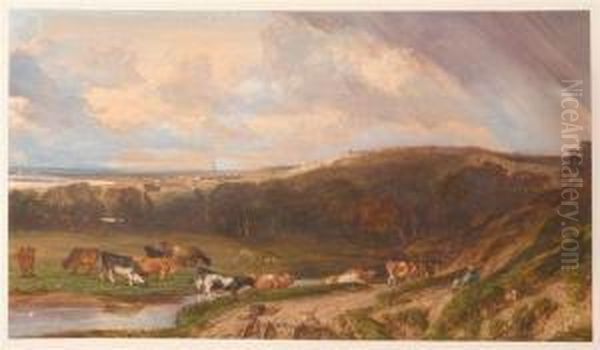 French Landscape With Herd Of Cows By A River. Oil Painting by Prosper Georges Ant. Marilhat