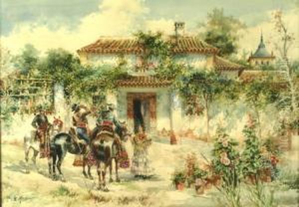 Matadors In A Courtyard Oil Painting by Enrique Marin Higuero