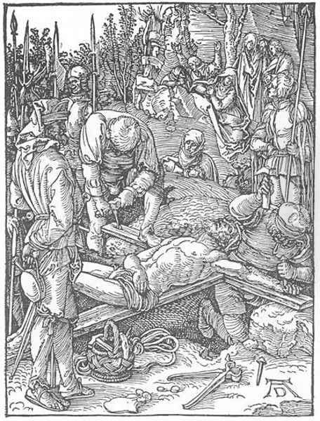 Small Passion, 23. Christ Being Nailed to the Cross Oil Painting by Albrecht Durer