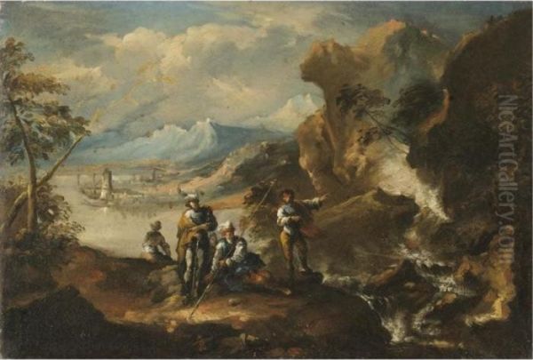 A Coastal Landscape With Figures Beside A Cascade Oil Painting by Antonio Marini