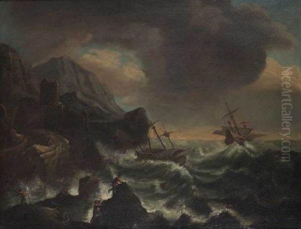 Navires Sur Une Mer Agitee Pres D'une Cote Rocheuse Oil Painting by Antonio Maria Marini