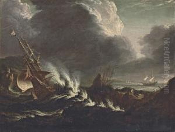 A Stormy Costal Landscape Oil Painting by Antonio Maria Marini