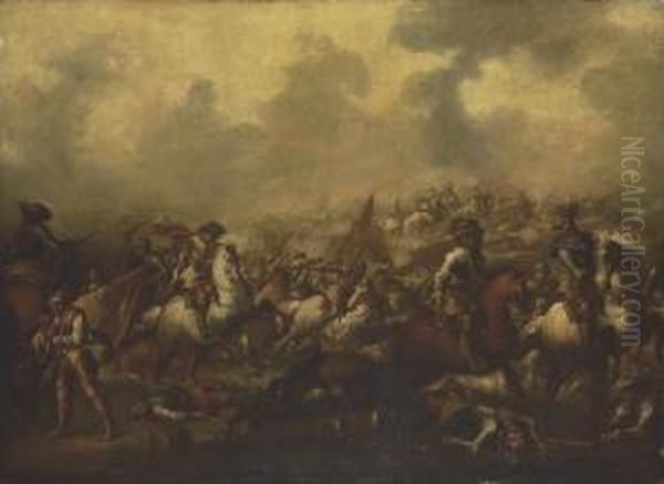 A Cavalry Skirmish Oil Painting by Antonio Maria Marini