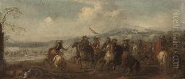 A Cavalry Troop With A Skirmish Beyond Oil Painting by Antonio Maria Marini