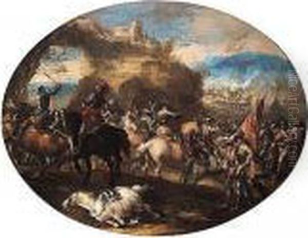 A Cavalry Battle Before A Hill-top Town Oil Painting by Antonio Maria Marini