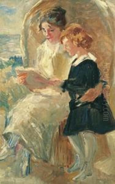 A Lady Seated In A Wicker Beach Chair Reading With A Girl Oil Painting by Simon Maris