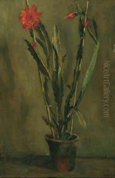 Flowering Cactus In A Pot Oil Painting by Simon Maris