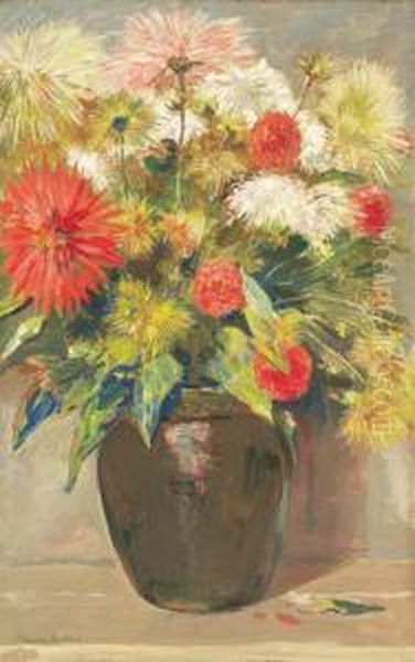 Dahlia's In A Vase Oil Painting by Simon Maris