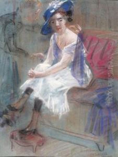 A Lady Seated On A Sofa- A Study Oil Painting by Simon Maris