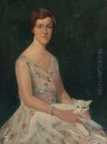 Portrait Of Mies In A Summer Dress With A Cat On Her Lap Oil Painting by Simon Maris