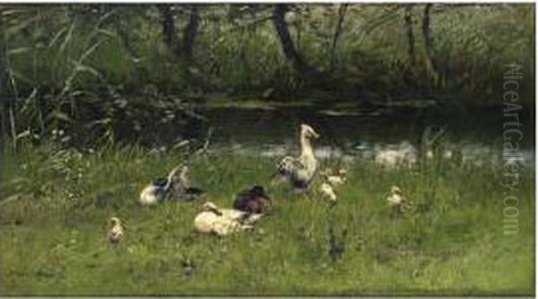 Ducks And Their Ducklings By The Waterside Oil Painting by Willem Maris