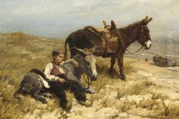 Herdboy With Donkeys On Scheveningen Beach Oil Painting by Willem Maris