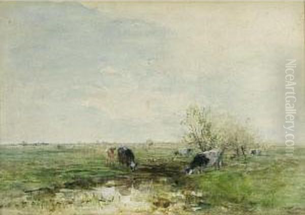 Watering Cows In A Polder Landscape Oil Painting by Willem Maris