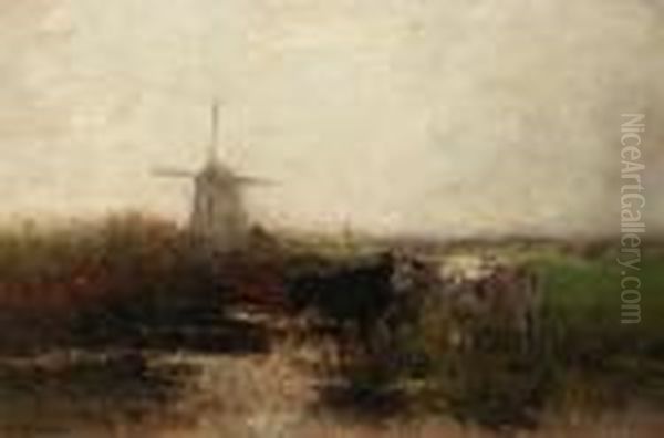 Watering Cows Near A Windmill Oil Painting by Willem Maris