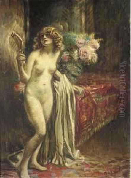 A Standing Female Nude Oil Painting by Louis Mark