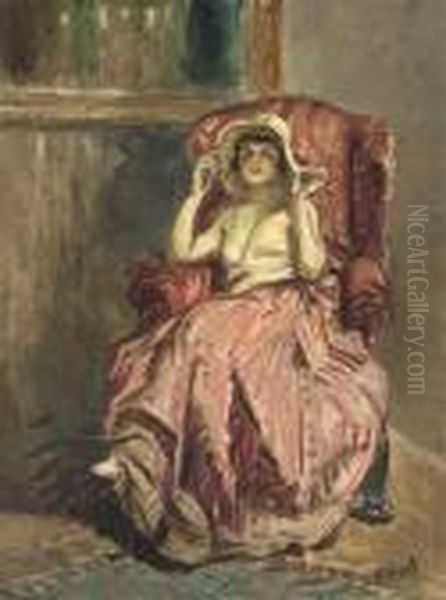 A Woman Seated In An Armchair In A Large Hat Oil Painting by Louis Mark