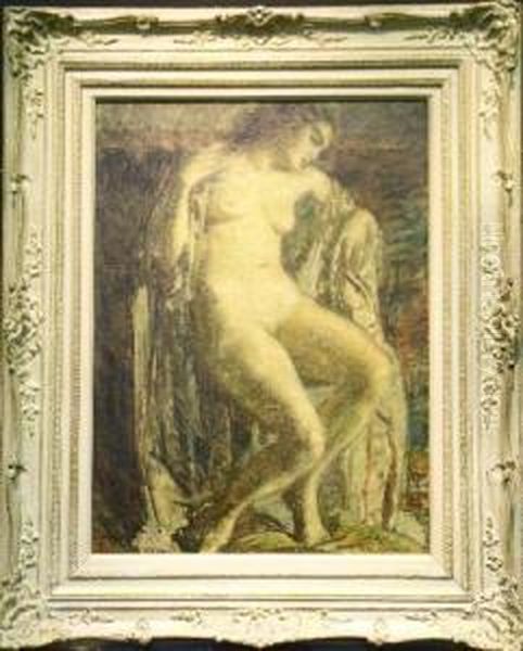 Female Nude Seated On A Draped Armchair Oil Painting by Louis Mark