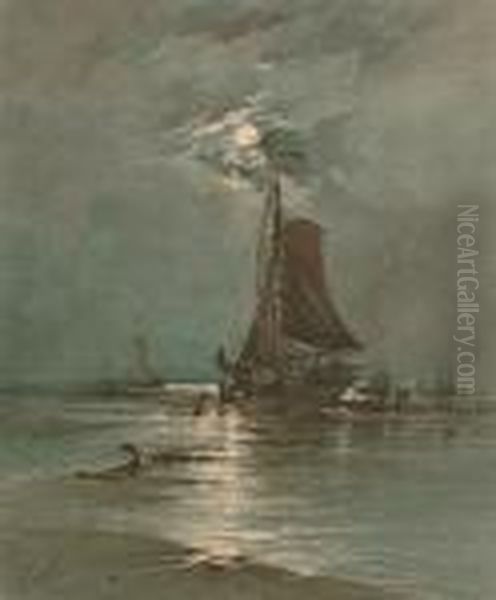 Fishing Boats At Low Tide By Moonlight Oil Painting by Albert Ernest Markes