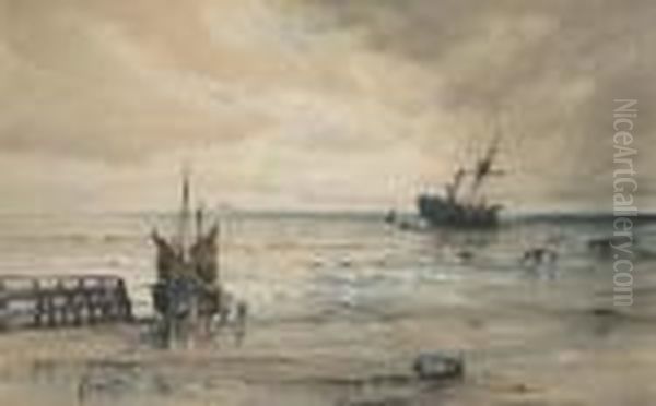 A Wrecked Three-master On The Sands With The Local Inhabitants Salvaging What They Can Oil Painting by Albert Ernest Markes