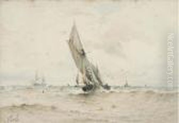 On The Crest Of A Wave; And A Brig At Anchor, Offshore, Drying Her Sails Oil Painting by Albert Ernest Markes