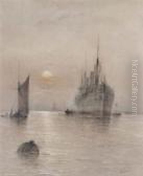 Harbour Scene At Sunset Oil Painting by Albert Ernest Markes