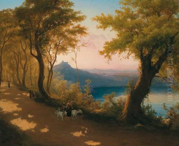 View Of Lake Albano And Castel Gandolfo Oil Painting by Andreas Marko