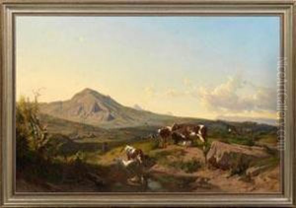 Campagnalandschaft Bei Rom Mit Rastendem Hirten Und Einer Kuhherde Oil Painting by Andreas Marko