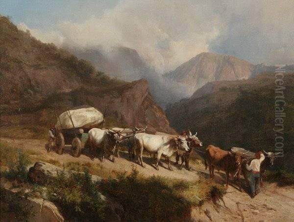 Oxen Team Pulling Wagon Oil Painting by Andreas Marko