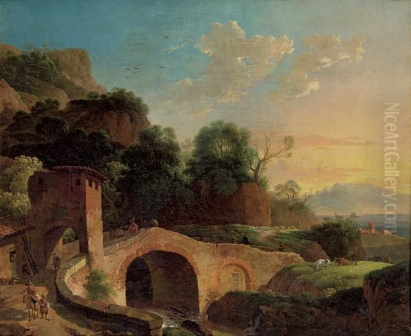 Gebirgige Sudliche Landschaft Mit Steinernen Brucke Und Reisenden Oil Painting by Karl I Marko