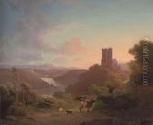 Cattle Before A Riverside Castle, Dusk Oil Painting by Karoly Marko