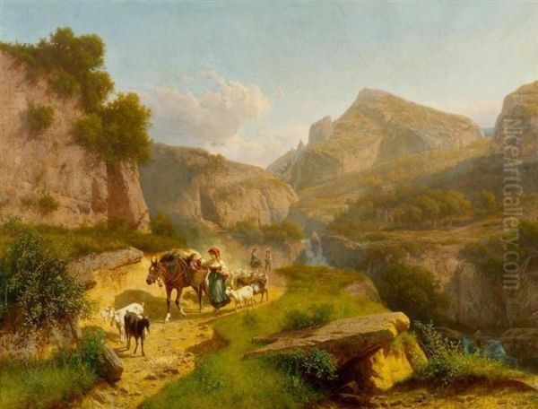 Herdsmen With Herd On A Mountain Path. 1881 Oil Painting by Andras Markos