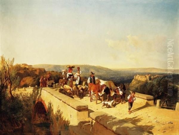 Italian Family Crossing A Bridge In An Italian Landscape,1871 Oil Painting by Andras Markos