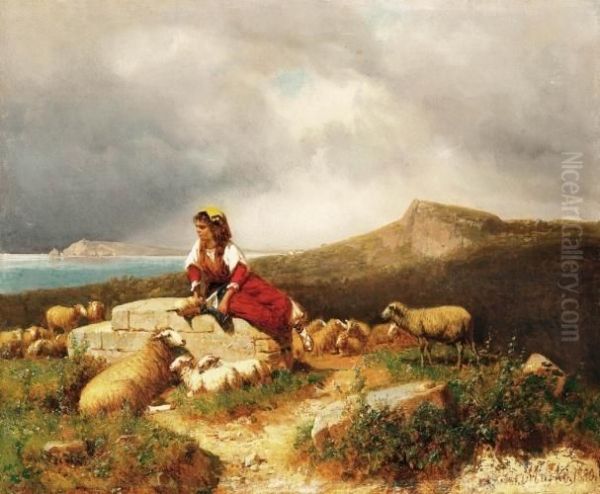 Seaside In Italy With Shepherdess Oil Painting by Andras Markos