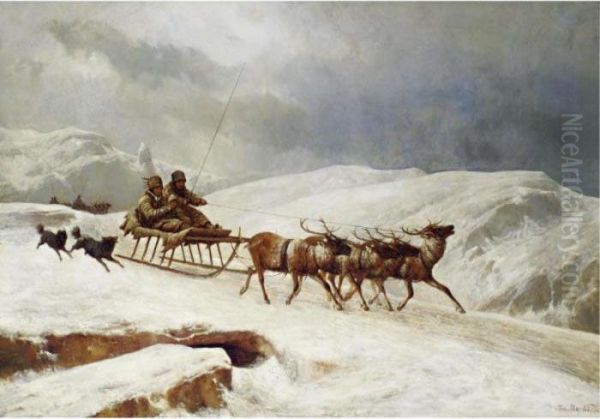 A Brisk Reindeer Sleigh Ride Oil Painting by Andras Markos