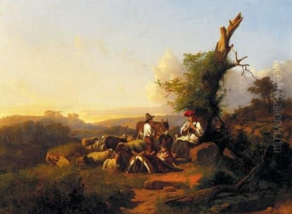 Resting Shepherd Family In Italian Lansdscape Oil Painting by Andras Markos