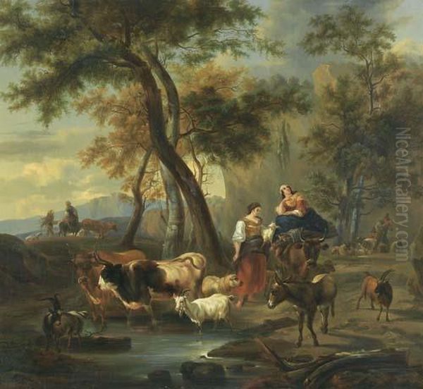 Bauerinnen Mit Vieh An Der Tranke. Oil Painting by Andras Markos