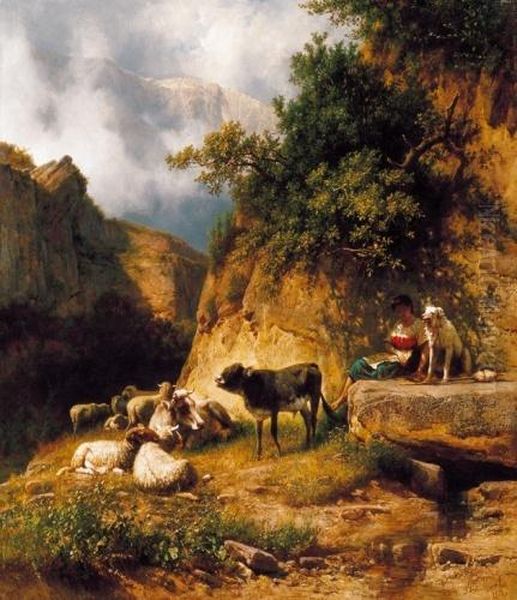 Italian Landscape With A Shepherdess, Resting By The Mountain Spring Oil Painting by Andras Markos