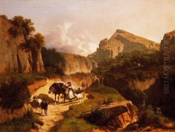 Italian Landscape With Shepherd Girl Oil Painting by Andras Markos